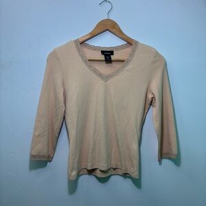 Express Cream 3/4 Long Sleeve Lace V-Neck Top